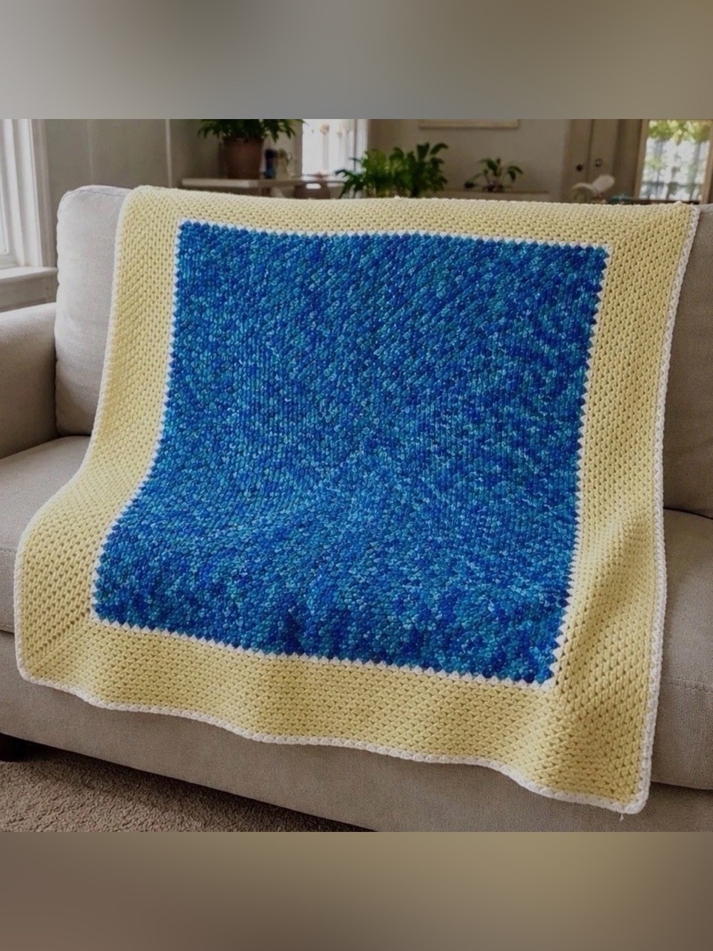 Handmade Crocheted Blue,Yellow & White Granny Blanket Afghan 48"x 56"
